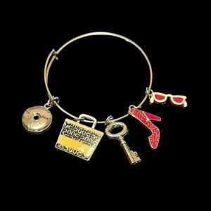 Silver Tone Snap Charm Bangle Bracelet with Handbag, Key. Heels. and Sunglasses.